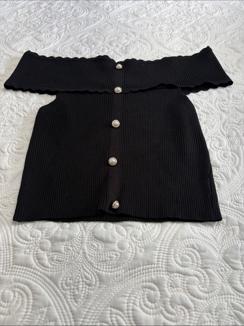 Black Off-the-Shoulder Ribbed Knit Sweater with Pearl Buttons